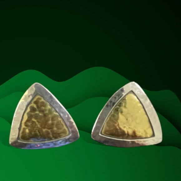 Vintage Jeep Collins Triangle Earrings Sterling Silver Brass Modernist Clip On - Picture 8 of 16